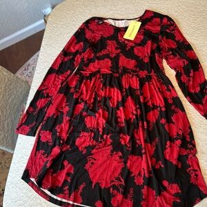 Red and black long-sleeve dress. Size Large.